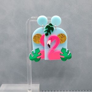 Acrylic Blue With Flamingo And Monstera Leaf Earrings